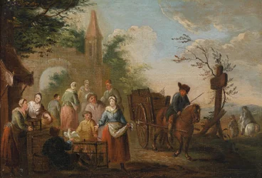 Geflügelverkäufer vor einem Stadttor